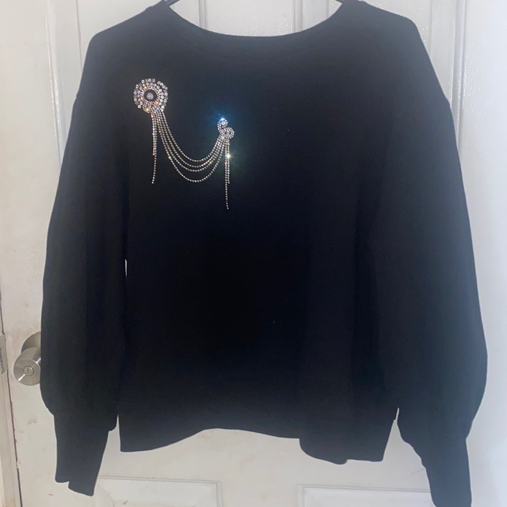 EUC Express Balloon sleeve black sweater with Rhinestone details